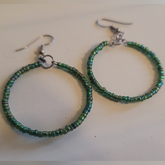 Emerald Green Iridescent Beaded Hoop Earrings - Picture 8 of 11